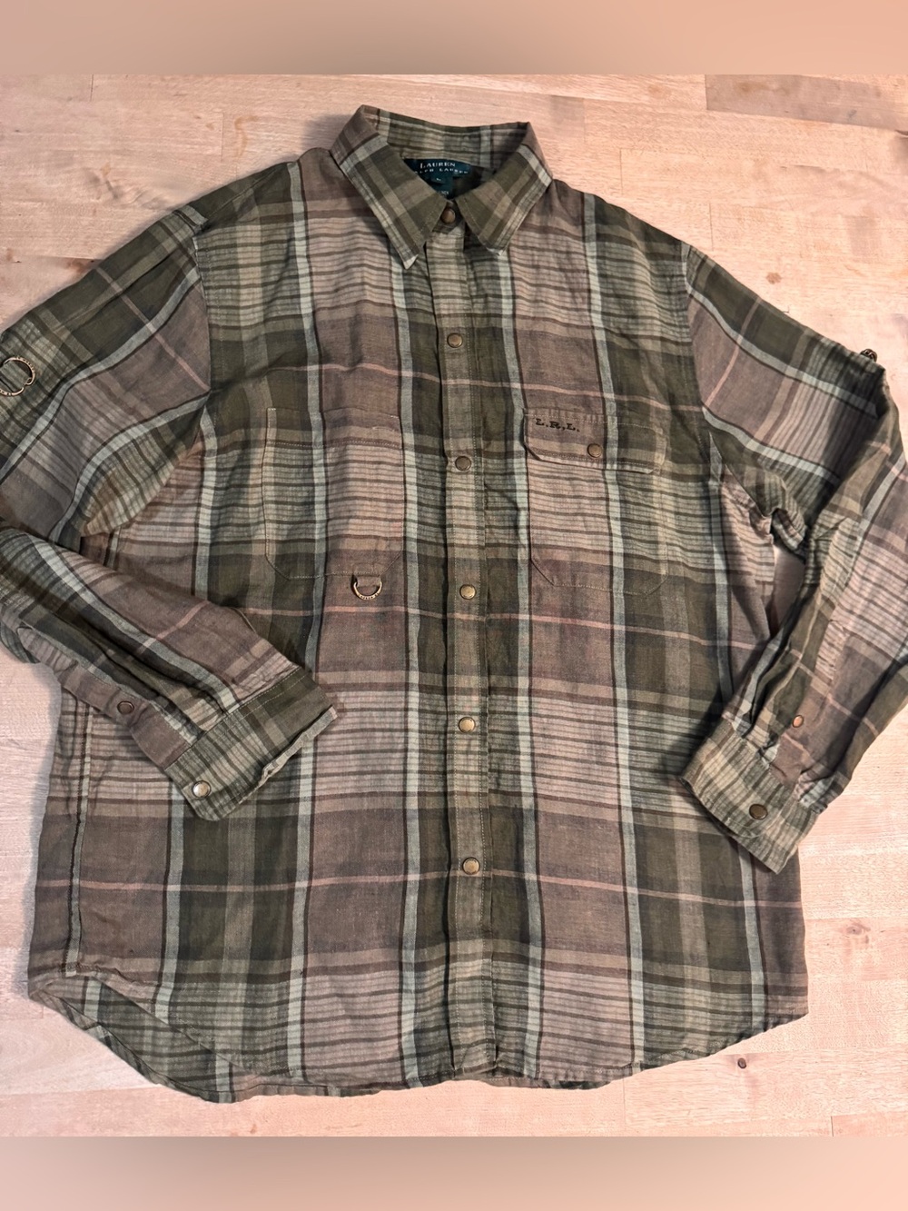 Lauren Ralph Lauren Olive Plaid linen Button-Down Shirt